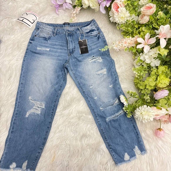 Flamingals women distressed straight wide leg jeans L Inseam 25 FL3 22 w34